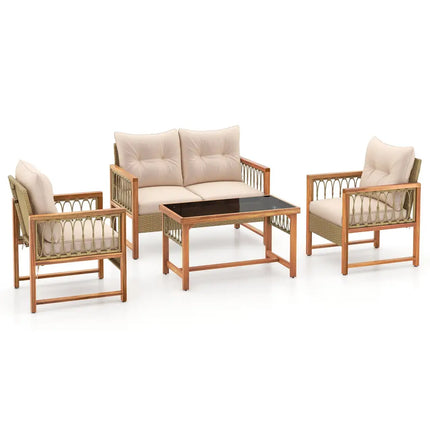 4 Pieces Outdoor Patio PE Wicker Conversation Bistro Set with Acacia Wood Frame-Brown - Brown - Patio Conversation Sets