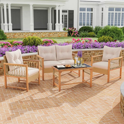 4 Pieces Outdoor Patio PE Wicker Conversation Bistro Set with Acacia Wood Frame-Brown - Brown - Patio Conversation Sets