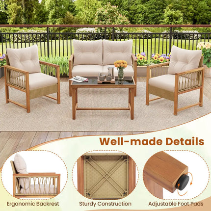 4 Pieces Outdoor Patio PE Wicker Conversation Bistro Set with Acacia Wood Frame-Brown - Brown - Patio Conversation Sets