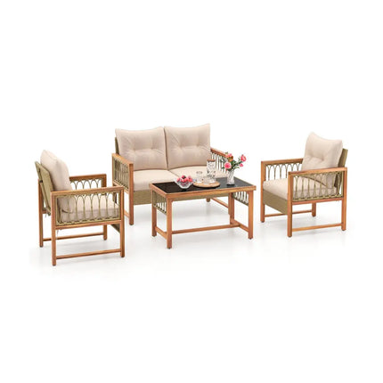 4 Pieces Outdoor Patio PE Wicker Conversation Bistro Set with Acacia Wood Frame-Brown - Brown - Patio Conversation Sets