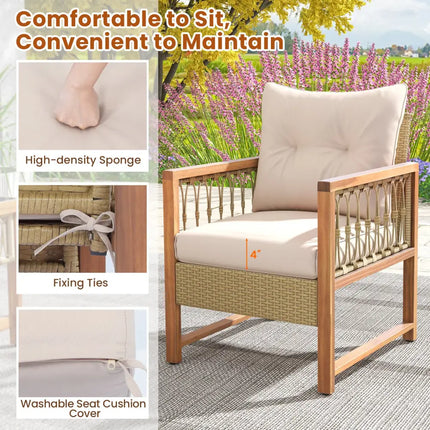 4 Pieces Outdoor Patio PE Wicker Conversation Bistro Set with Acacia Wood Frame-Brown - Brown - Patio Conversation Sets