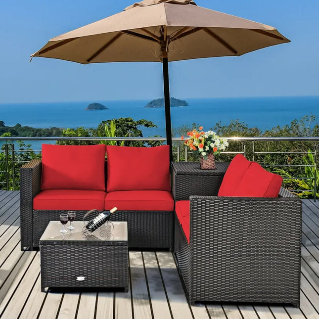 4 Pieces Outdoor Patio Rattan Furniture Set with Cushioned Loveseat and Storage Box-Red - Red - Outdoor Sectionals
