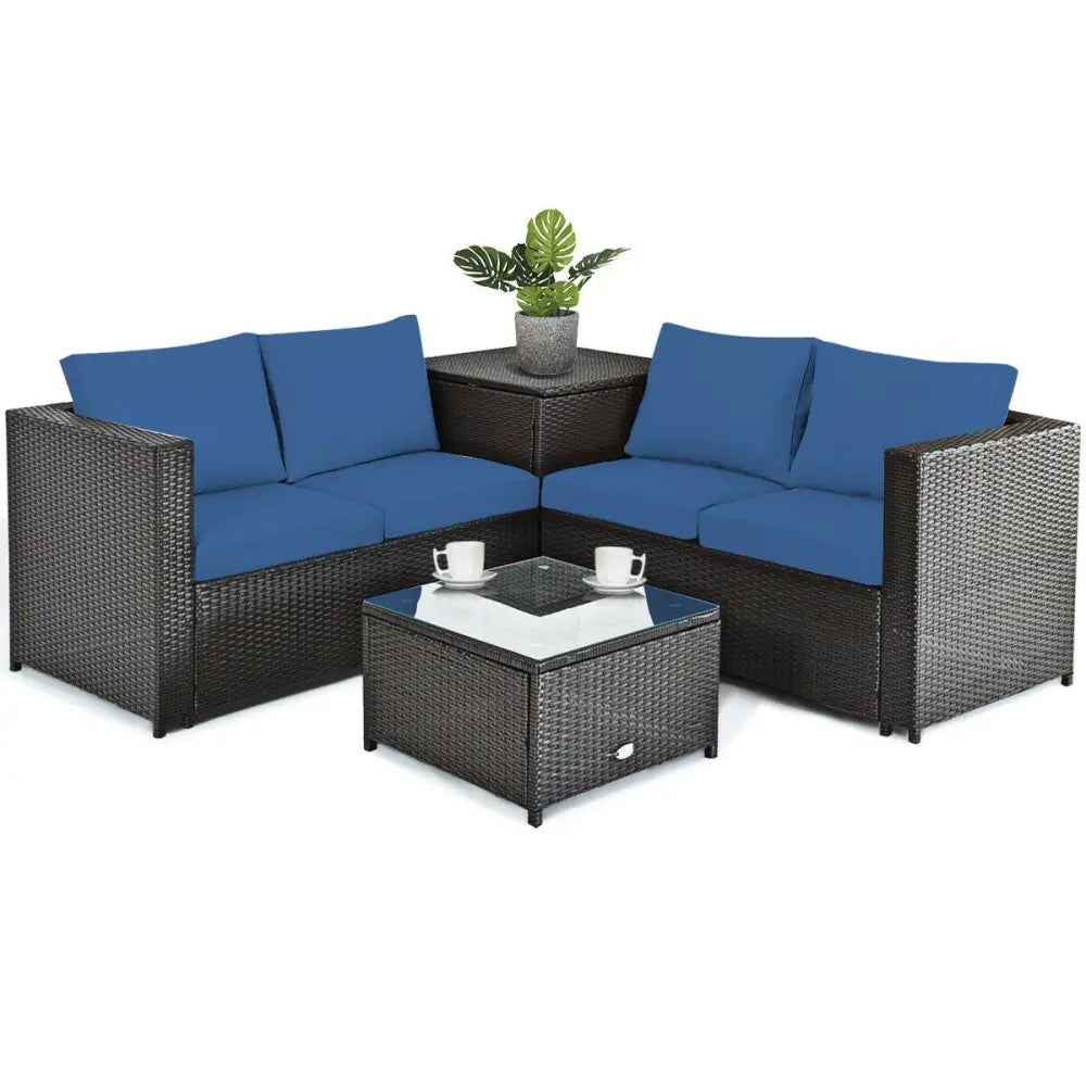 4 Pieces Outdoor Patio Rattan Furniture Set with Cushioned Loveseat and Storage Box-Navy - Navy - Outdoor Sectionals