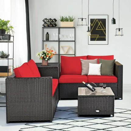 4 Pieces Outdoor Patio Rattan Furniture Set with Cushioned Loveseat and Storage Box-Red - Red - Outdoor Sectionals