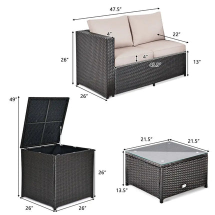 4 Pieces Outdoor Patio Rattan Furniture Set with Cushioned Loveseat and Storage Box-Brown - Brown - Outdoor Sectionals