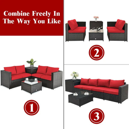 4 Pieces Outdoor Patio Rattan Furniture Set with Cushioned Loveseat and Storage Box-Red - Red - Outdoor Sectionals