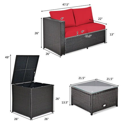 4 Pieces Outdoor Patio Rattan Furniture Set with Cushioned Loveseat and Storage Box-Red - Red - Outdoor Sectionals