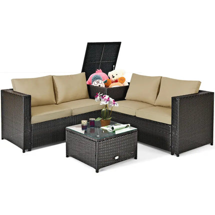 4 Pieces Outdoor Patio Rattan Furniture Set with Cushioned Loveseat and Storage Box-Brown - Brown - Outdoor Sectionals