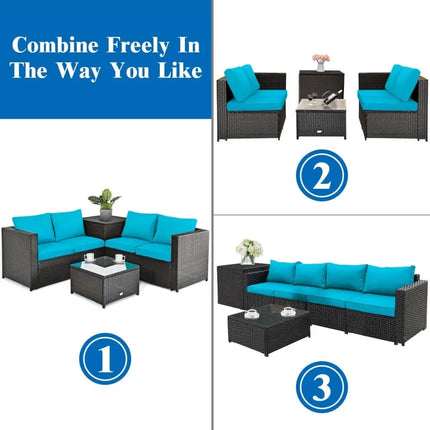 4 Pieces Outdoor Patio Rattan Furniture Set with Cushioned Loveseat and Storage Box-Turquoise - Turquoise - Outdoor