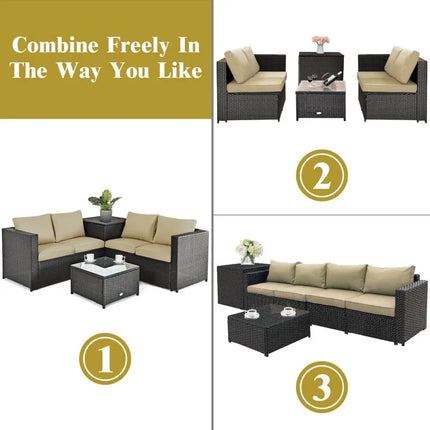 4 Pieces Outdoor Patio Rattan Furniture Set with Cushioned Loveseat and Storage Box-Brown - Brown - Outdoor Sectionals