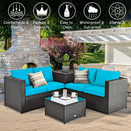 4 Pieces Outdoor Patio Rattan Furniture Set with Cushioned Loveseat and Storage Box-Turquoise - Turquoise - Outdoor