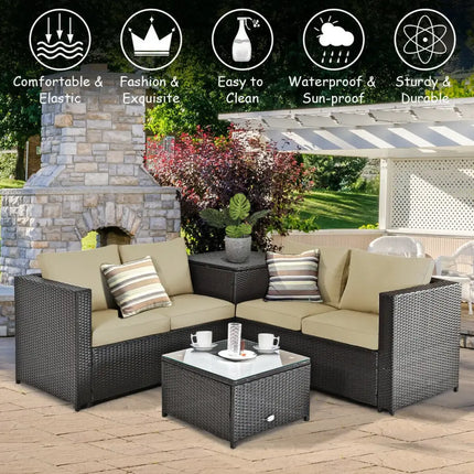 4 Pieces Outdoor Patio Rattan Furniture Set with Cushioned Loveseat and Storage Box-Brown - Brown - Outdoor Sectionals
