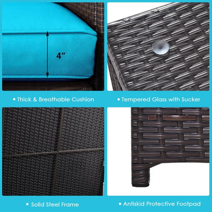 4 Pieces Outdoor Patio Rattan Furniture Set with Cushioned Loveseat and Storage Box-Turquoise - Turquoise - Outdoor