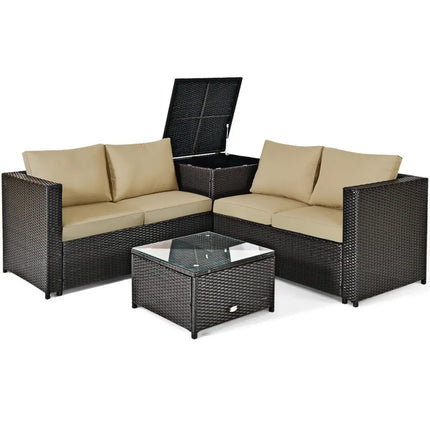 4 Pieces Outdoor Patio Rattan Furniture Set with Cushioned Loveseat and Storage Box-Brown - Brown - Outdoor Sectionals