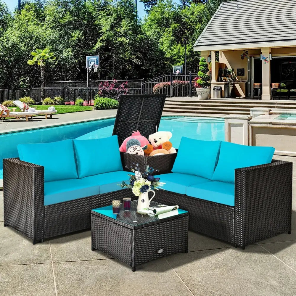 4 Pieces Outdoor Patio Rattan Furniture Set with Cushioned Loveseat and Storage Box-Turquoise - Turquoise - Outdoor