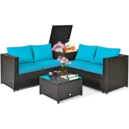 4 Pieces Outdoor Patio Rattan Furniture Set with Cushioned Loveseat and Storage Box-Turquoise - Turquoise - Outdoor