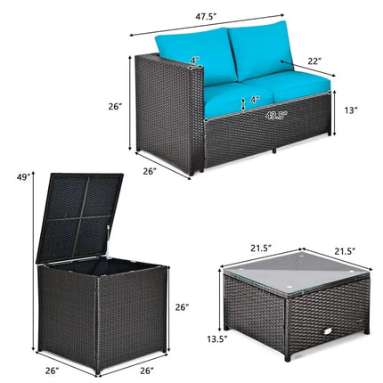 4 Pieces Outdoor Patio Rattan Furniture Set with Cushioned Loveseat and Storage Box-Turquoise - Turquoise - Outdoor