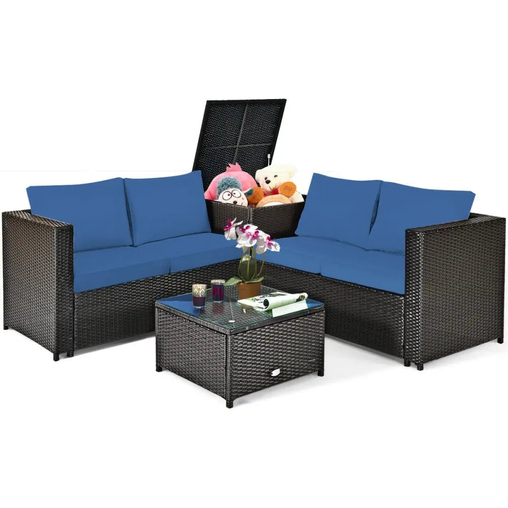 4 Pieces Outdoor Patio Rattan Furniture Set with Cushioned Loveseat and Storage Box-Navy - Navy - Outdoor Sectionals