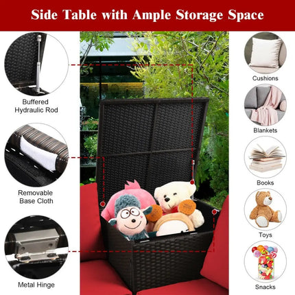 4 Pieces Outdoor Patio Rattan Furniture Set with Cushioned Loveseat and Storage Box-Red - Red - Outdoor Sectionals