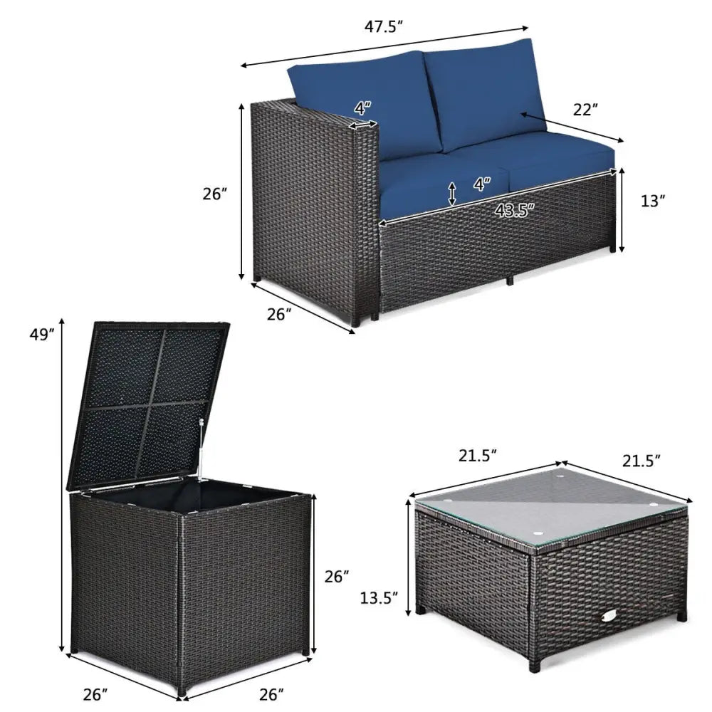 4 Pieces Outdoor Patio Rattan Furniture Set with Cushioned Loveseat and Storage Box-Navy - Navy - Outdoor Sectionals