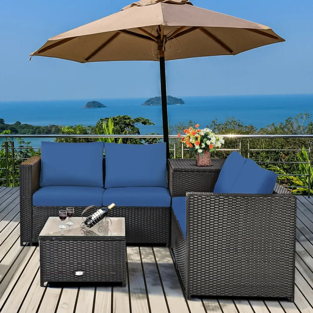 4 Pieces Outdoor Patio Rattan Furniture Set with Cushioned Loveseat and Storage Box-Navy - Navy - Outdoor Sectionals