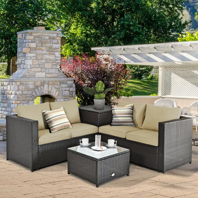 4 Pieces Outdoor Patio Rattan Furniture Set with Cushioned Loveseat and Storage Box-Brown - Brown - Outdoor Sectionals
