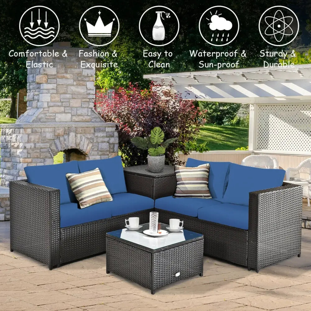4 Pieces Outdoor Patio Rattan Furniture Set with Cushioned Loveseat and Storage Box-Navy - Navy - Outdoor Sectionals