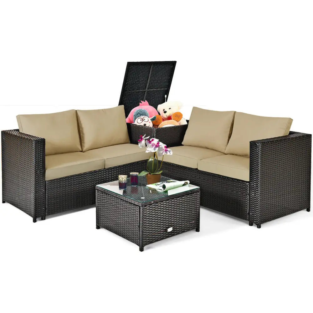 4 Pieces Outdoor Patio Rattan Furniture Set with Cushioned Loveseat and Storage Box-Brown - Brown - Outdoor Sectionals