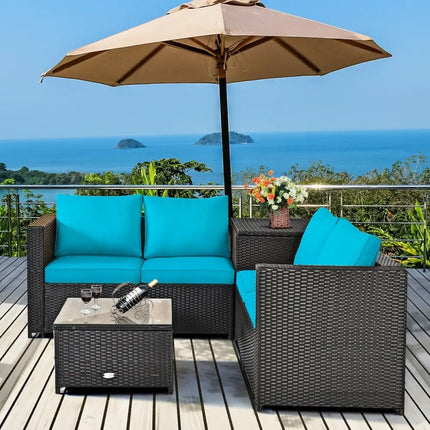 4 Pieces Outdoor Patio Rattan Furniture Set with Cushioned Loveseat and Storage Box-Turquoise - Turquoise - Outdoor
