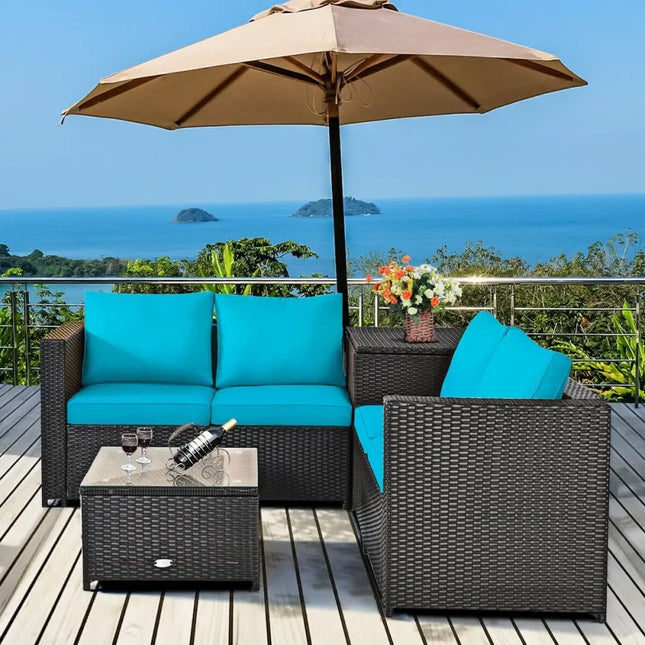 4 Pieces Outdoor Patio Rattan Furniture Set with Cushioned Loveseat and Storage Box-Turquoise - Turquoise - Outdoor