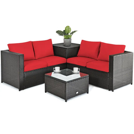4 Pieces Outdoor Patio Rattan Furniture Set with Cushioned Loveseat and Storage Box-Red - Red - Outdoor Sectionals