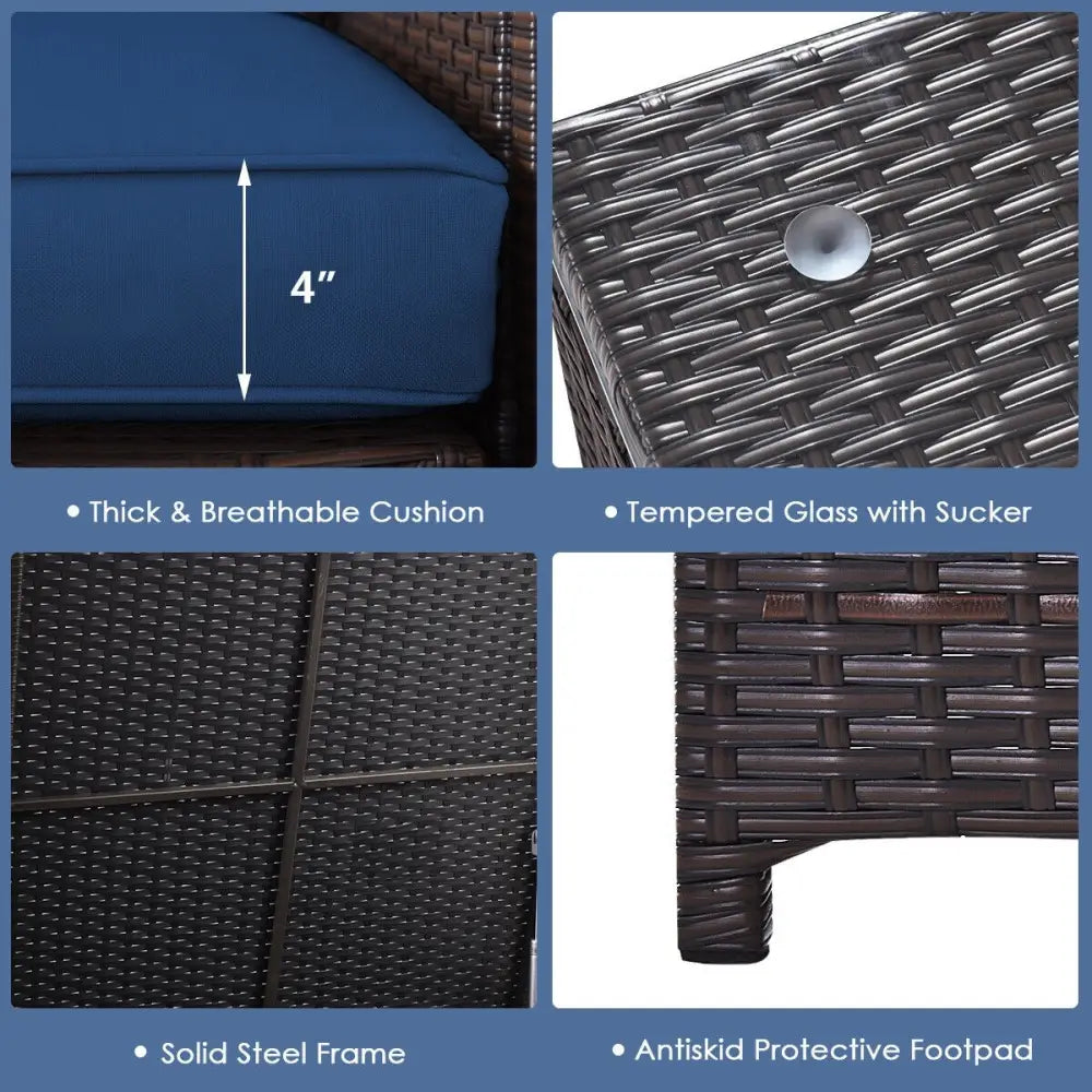 4 Pieces Outdoor Patio Rattan Furniture Set with Cushioned Loveseat and Storage Box-Navy - Navy - Outdoor Sectionals