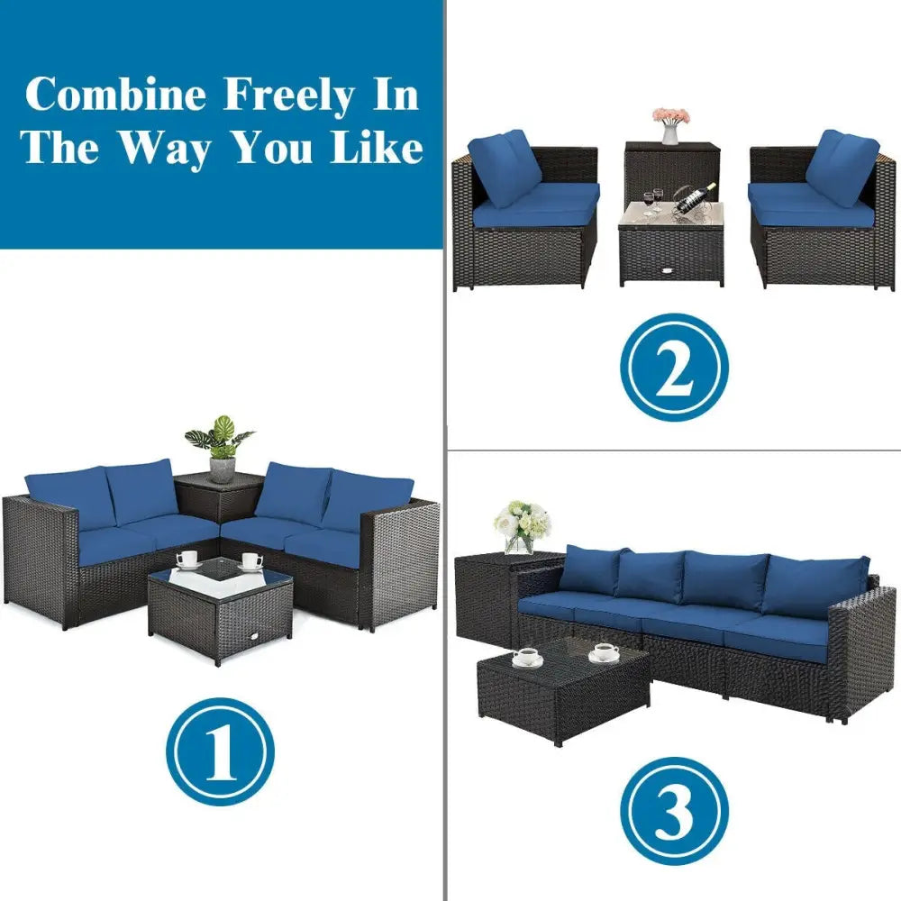 4 Pieces Outdoor Patio Rattan Furniture Set with Cushioned Loveseat and Storage Box-Navy - Navy - Outdoor Sectionals