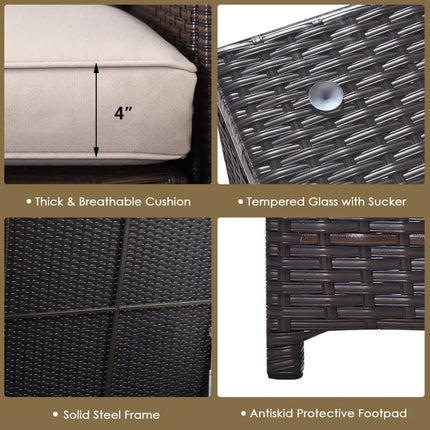 4 Pieces Outdoor Patio Rattan Furniture Set with Cushioned Loveseat and Storage Box-Brown - Brown - Outdoor Sectionals