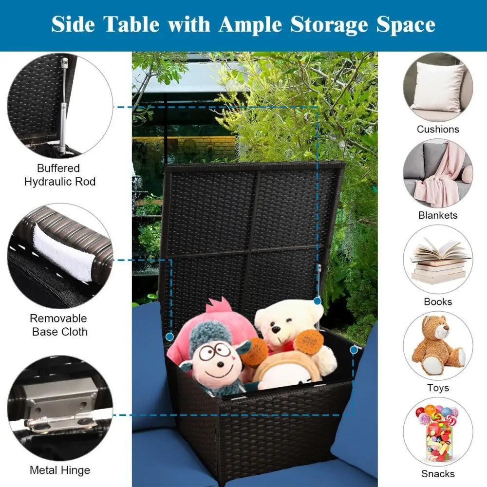 4 Pieces Outdoor Patio Rattan Furniture Set with Cushioned Loveseat and Storage Box-Navy - Navy - Outdoor Sectionals