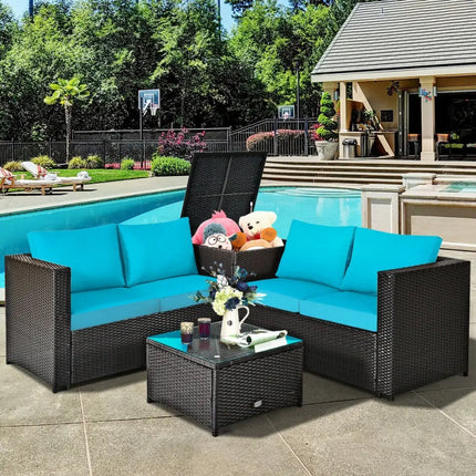 4 Pieces Outdoor Patio Rattan Furniture Set with Cushioned Loveseat and Storage Box-Turquoise - Turquoise - Outdoor