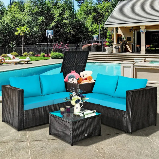 4 Pieces Outdoor Patio Rattan Furniture Set with Cushioned Loveseat and Storage Box-Turquoise - Turquoise - Outdoor