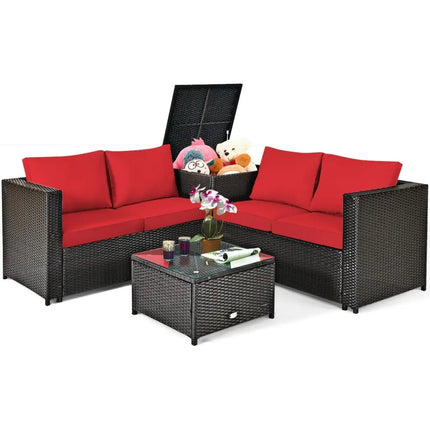 4 Pieces Outdoor Patio Rattan Furniture Set with Cushioned Loveseat and Storage Box-Red - Red - Outdoor Sectionals