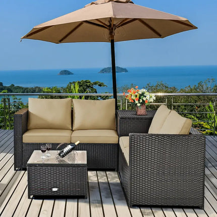 4 Pieces Outdoor Patio Rattan Furniture Set with Cushioned Loveseat and Storage Box-Brown - Brown - Outdoor Sectionals