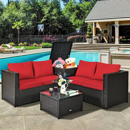 4 Pieces Outdoor Patio Rattan Furniture Set with Cushioned Loveseat and Storage Box-Red - Red - Outdoor Sectionals