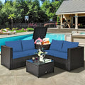 4 Pieces Outdoor Patio Rattan Furniture Set with Cushioned Loveseat and Storage Box-Navy - Navy - Outdoor Sectionals