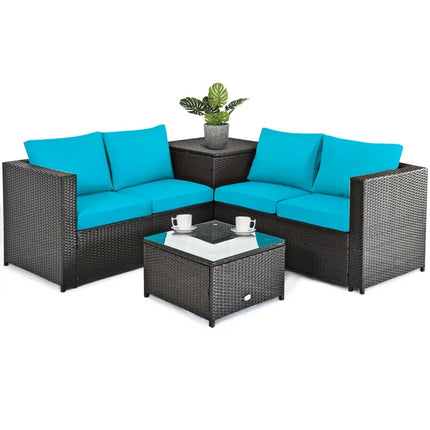 4 Pieces Outdoor Patio Rattan Furniture Set with Cushioned Loveseat and Storage Box-Turquoise - Turquoise - Outdoor