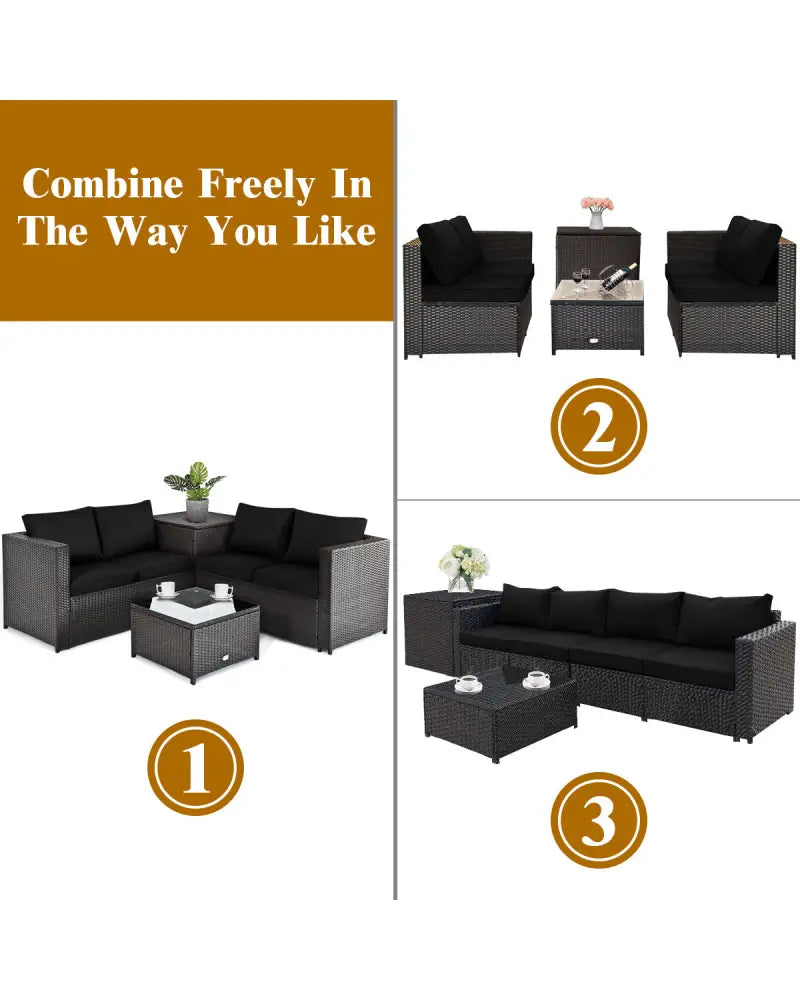 4 Pieces Outdoor Patio Rattan Furniture Set with Loveseat and Storage Box-Black - Black - Outdoor Sectionals