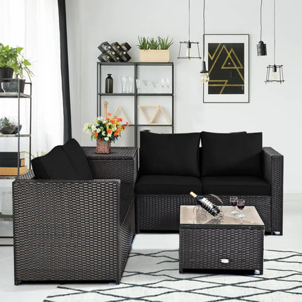 4 Pieces Outdoor Patio Rattan Furniture Set with Loveseat and Storage Box-Black - Black - Outdoor Sectionals