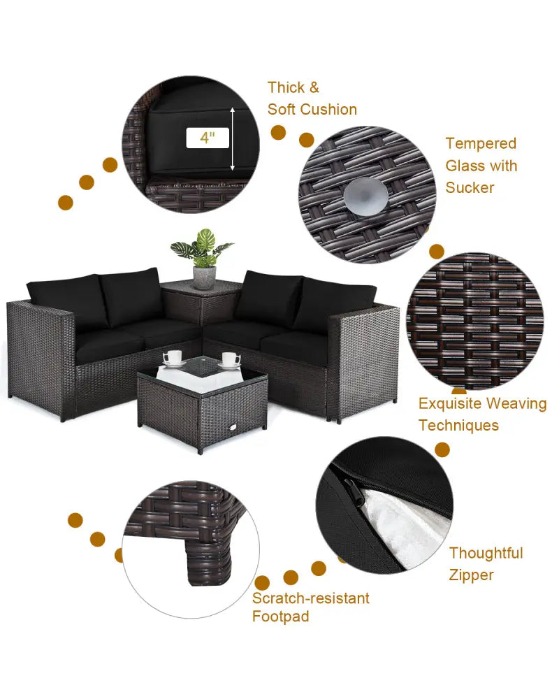 4 Pieces Outdoor Patio Rattan Furniture Set with Loveseat and Storage Box-Black - Black - Outdoor Sectionals