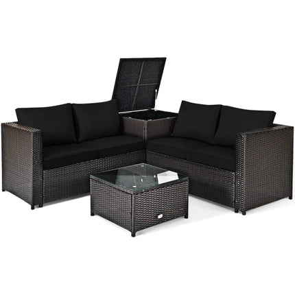 4 Pieces Outdoor Patio Rattan Furniture Set with Loveseat and Storage Box-Black - Black - Outdoor Sectionals