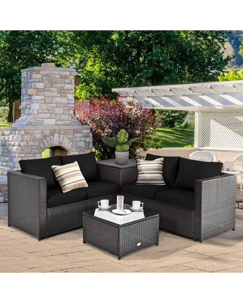 4 Pieces Outdoor Patio Rattan Furniture Set with Loveseat and Storage Box-Black - Black - Outdoor Sectionals