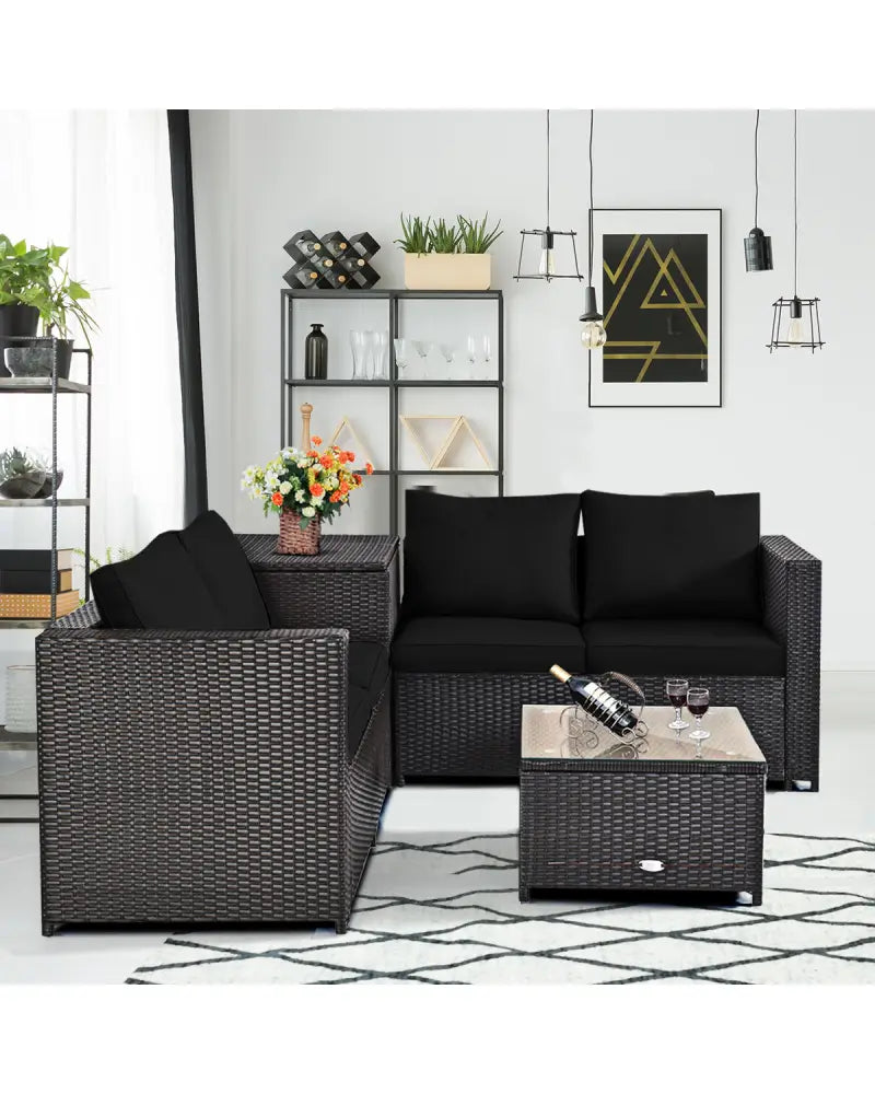 4 Pieces Outdoor Patio Rattan Furniture Set with Loveseat and Storage Box-Black - Black - Outdoor Sectionals