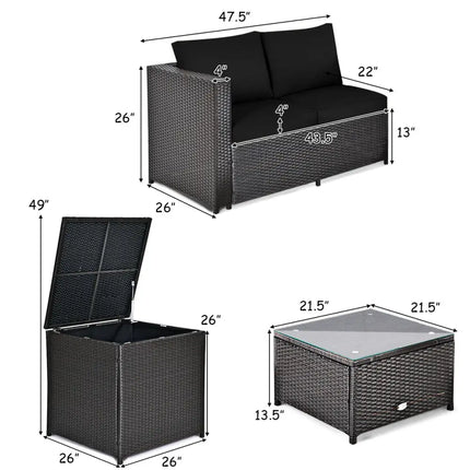 4 Pieces Outdoor Patio Rattan Furniture Set with Loveseat and Storage Box-Black - Black - Outdoor Sectionals