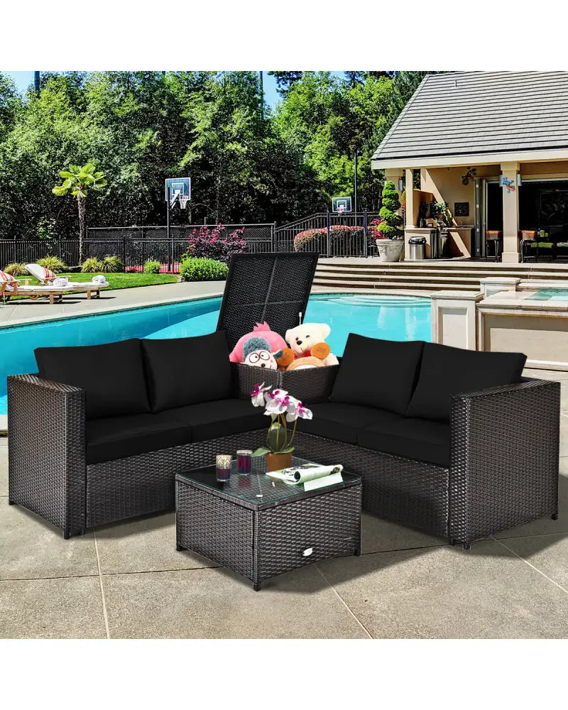 4 Pieces Outdoor Patio Rattan Furniture Set with Loveseat and Storage Box-Black - Black - Outdoor Sectionals